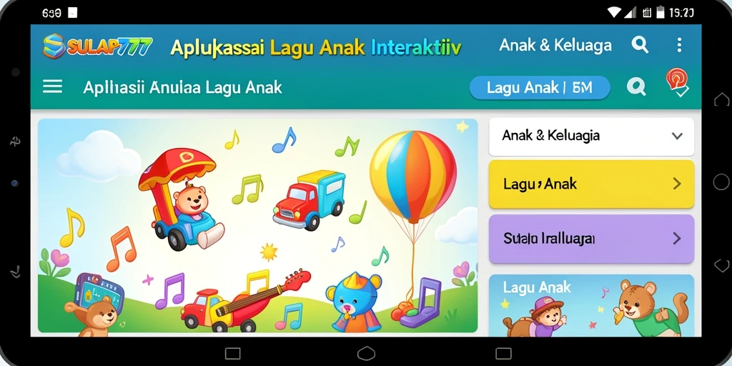 Antarmuka aplikasi SULAP777 dengan lagu anak yang menarik.